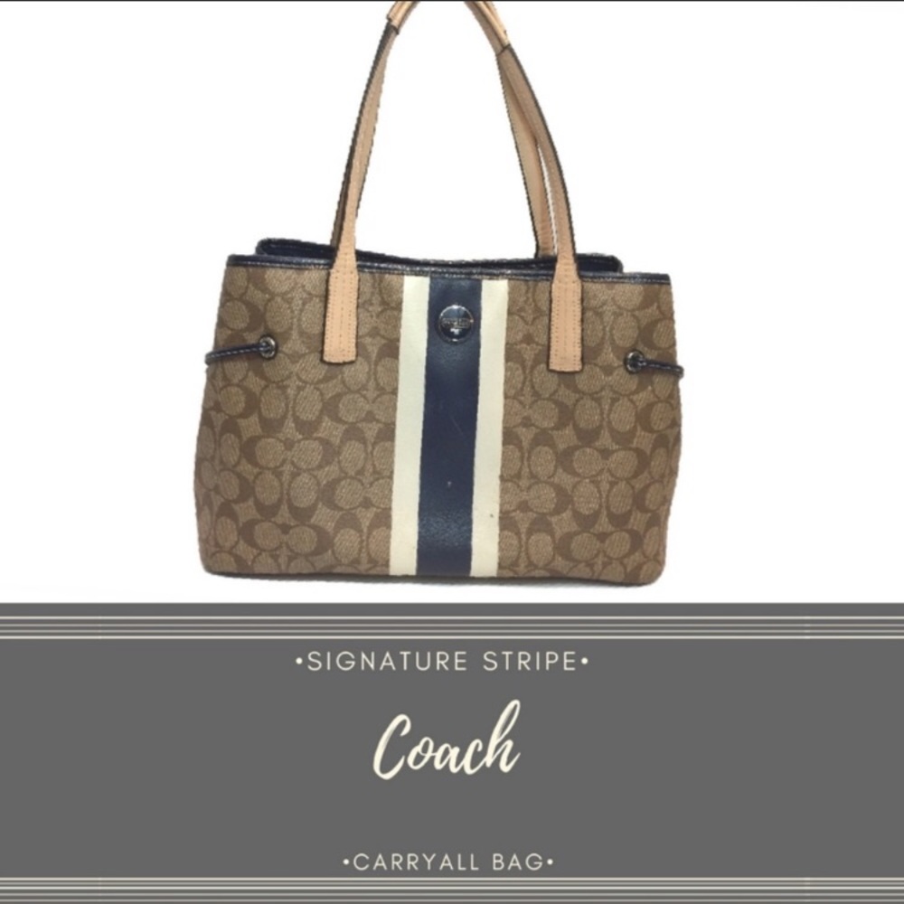Coach Sig PVC Stripe Large Carryall Kahki/Navy